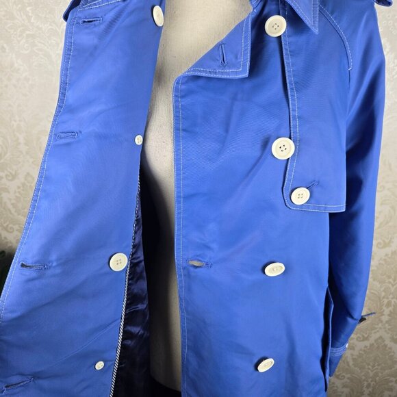J Crew Size 4 Light Blue Trench Coat White Stitching Double Breasted Nylon Shell - Picture 12 of 16